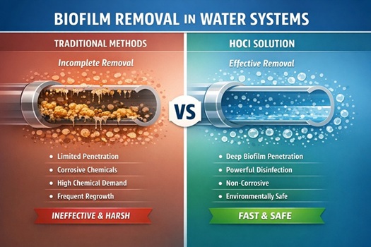 Biofilm Removal in Water Systems Using Hypochlorous Acid (HOCl) Solutions
